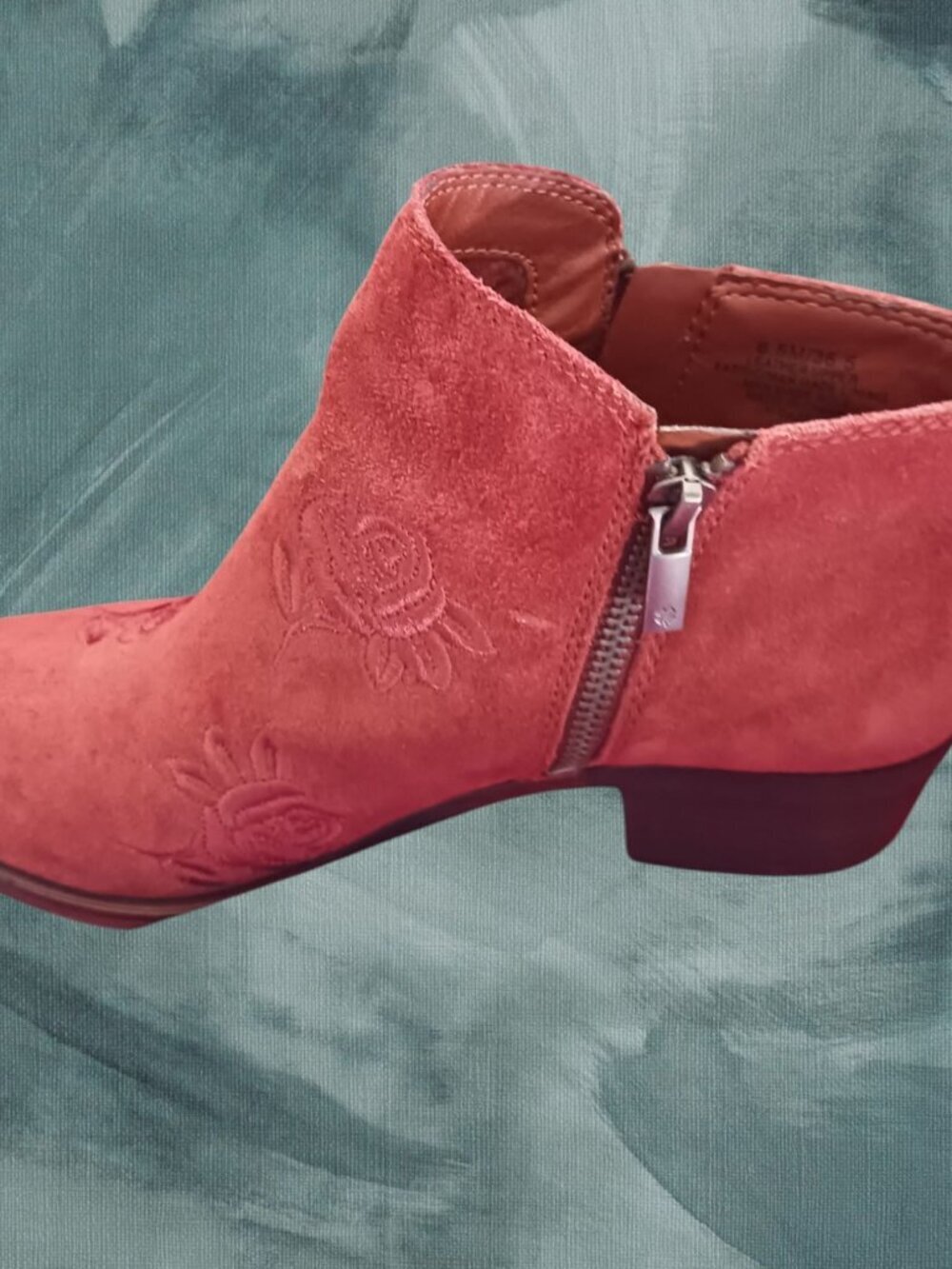 Lucky Brand Suede Ankle Boots W/ Floral Embroidery & Side Zip Terracota Size 6.5 - Picture 12 of 14